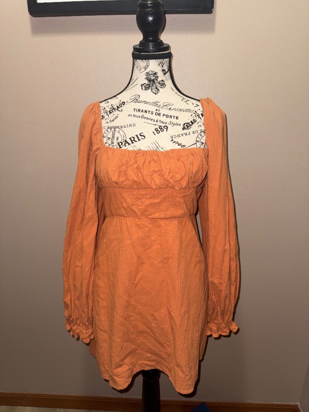 Princess Polly Orange Ruched Bust Long Sleeve Tie Back Mini Dress Size 8